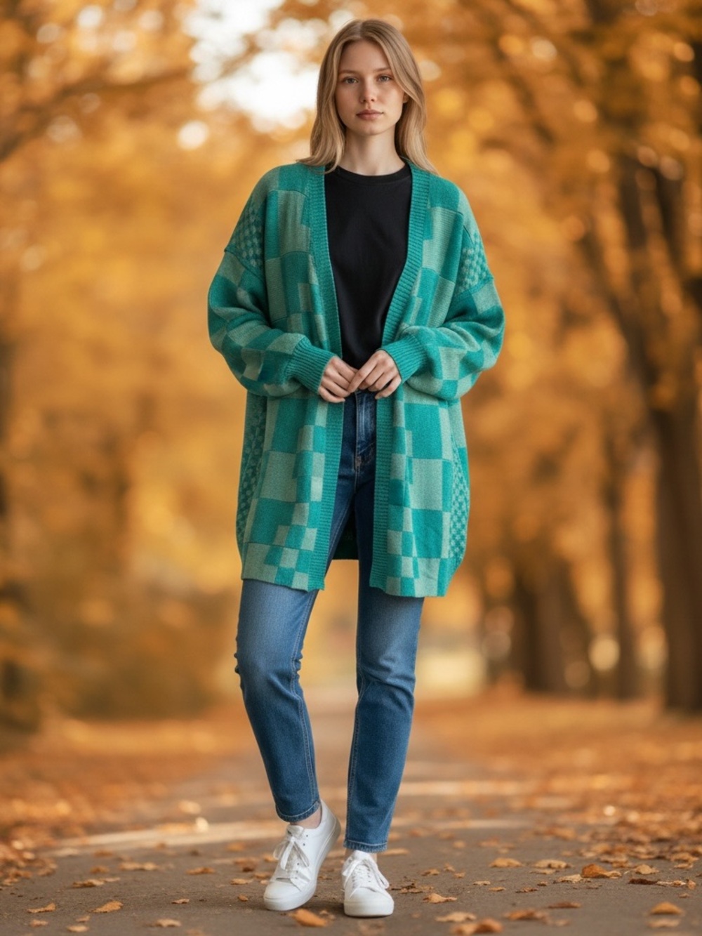 Annie Teal Checkered Women's Cardigan Sm